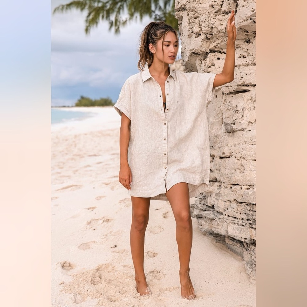 Lulu's Beige Button-Up Shirt Dress